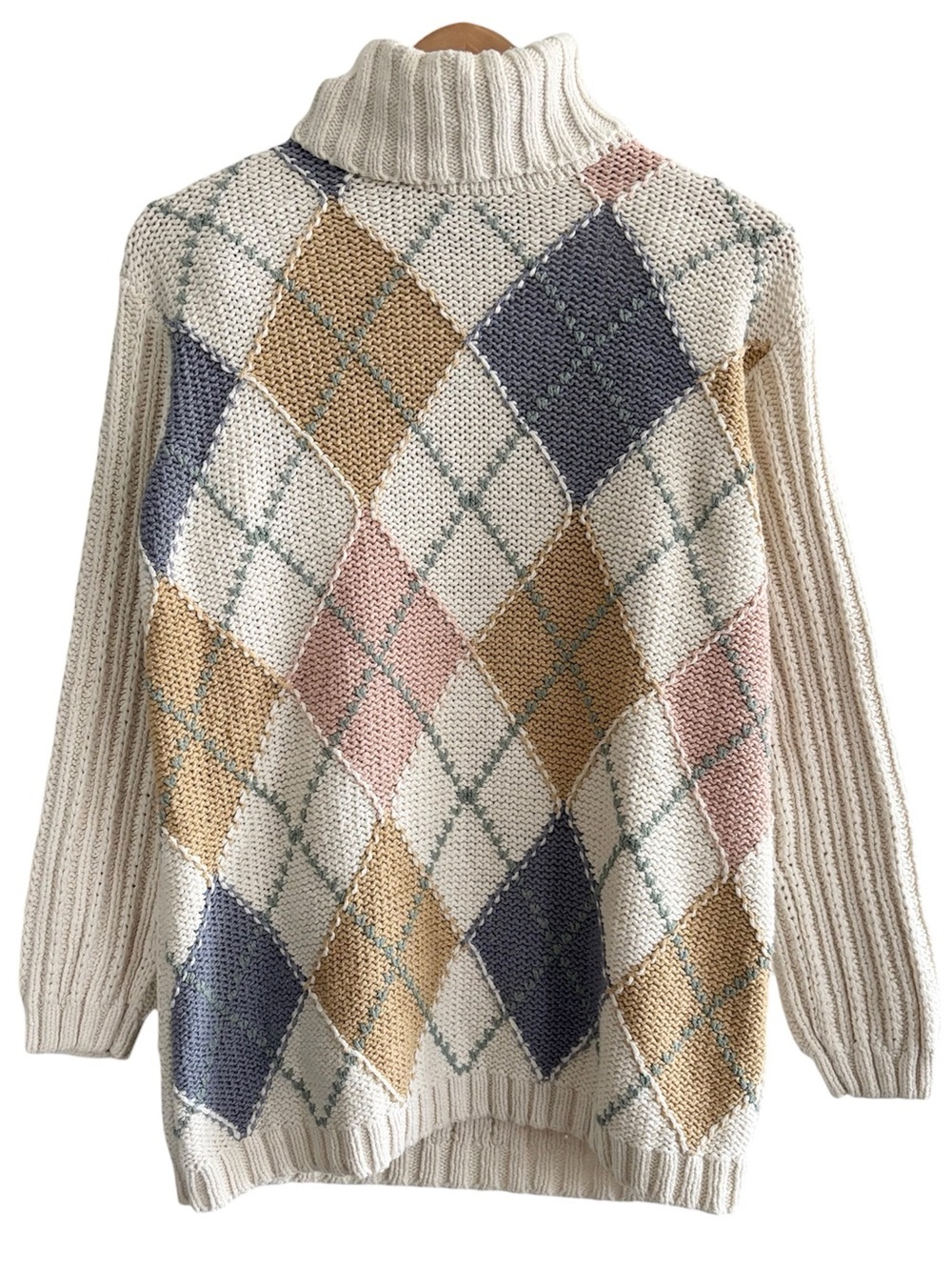 Y2K Cotton Cream Turtleneck Argyle Knit Sweater with Pastel Accents